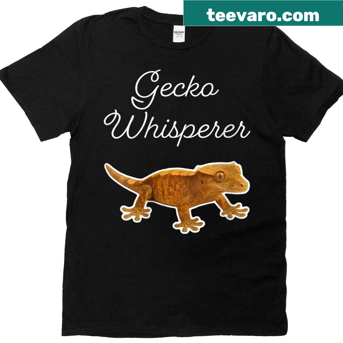 T-shirt featuring the phrase Gecko Whisperer with a crested gecko illustration — on a men's t-shirt