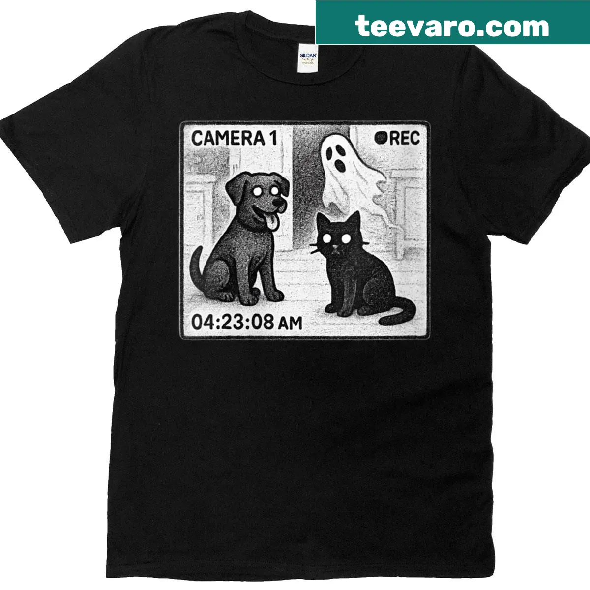 Funny Halloween T-shirt featuring a ghost caught on pet cam — on a men's t-shirt