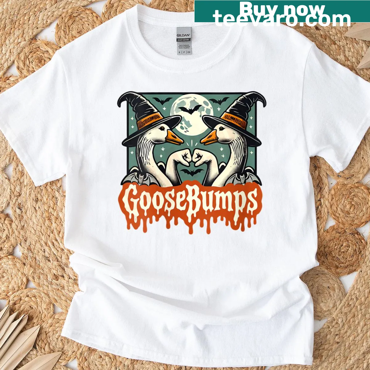 Cartoon goose fist bump design for Halloween — on a men's t-shirt