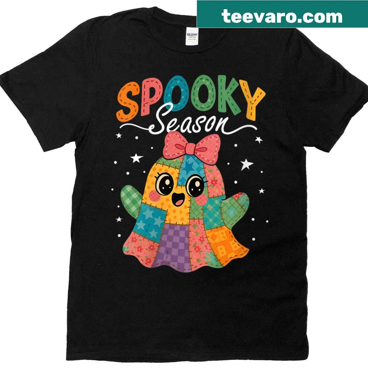 Patchwork ghost graphic t-shirt for Halloween — on a men's t-shirt