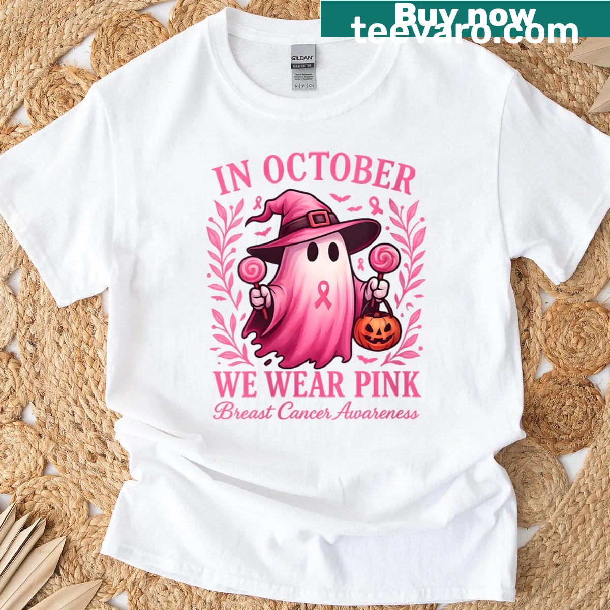 Illustrated shirt with ghosts, witch, and pink ribbon for awareness. — on a men's t-shirt