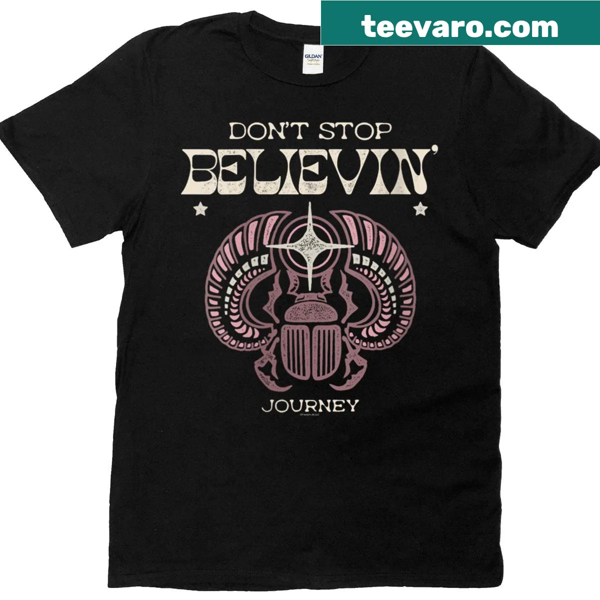 Vintage-style T-shirt celebrating Journey's 'Don't Stop Believin' with a scarab design — on a men's t-shirt