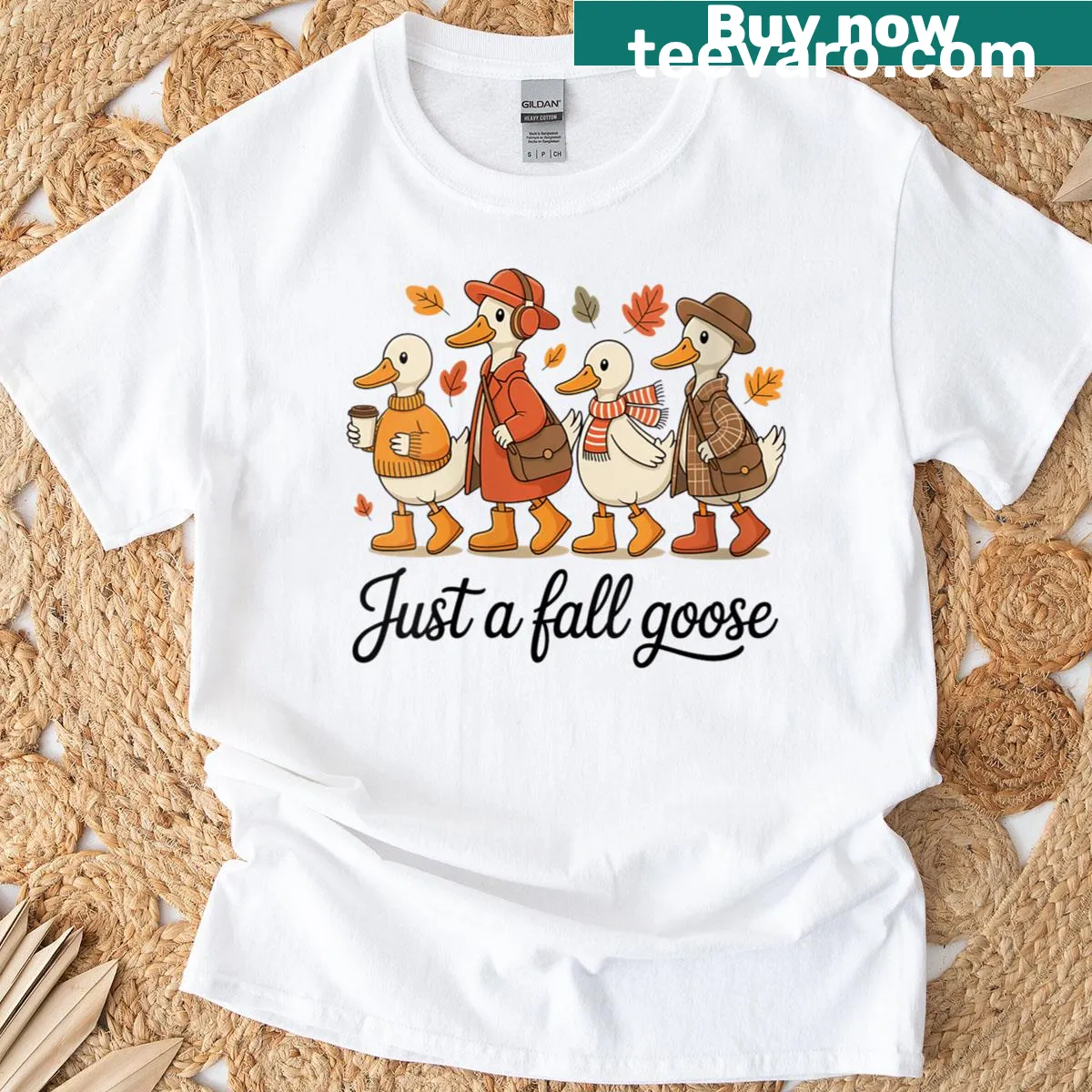 Illustrated shirt featuring a goose and pumpkins for autumn — on a men's t-shirt