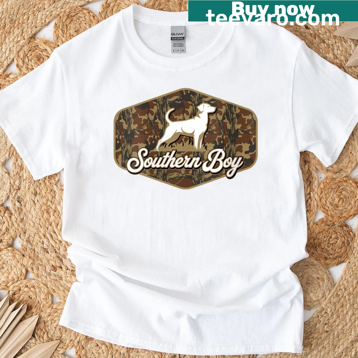 Retro Southern Country Pride shirt with a local boy and hunting dog graphic — on a men's t-shirt