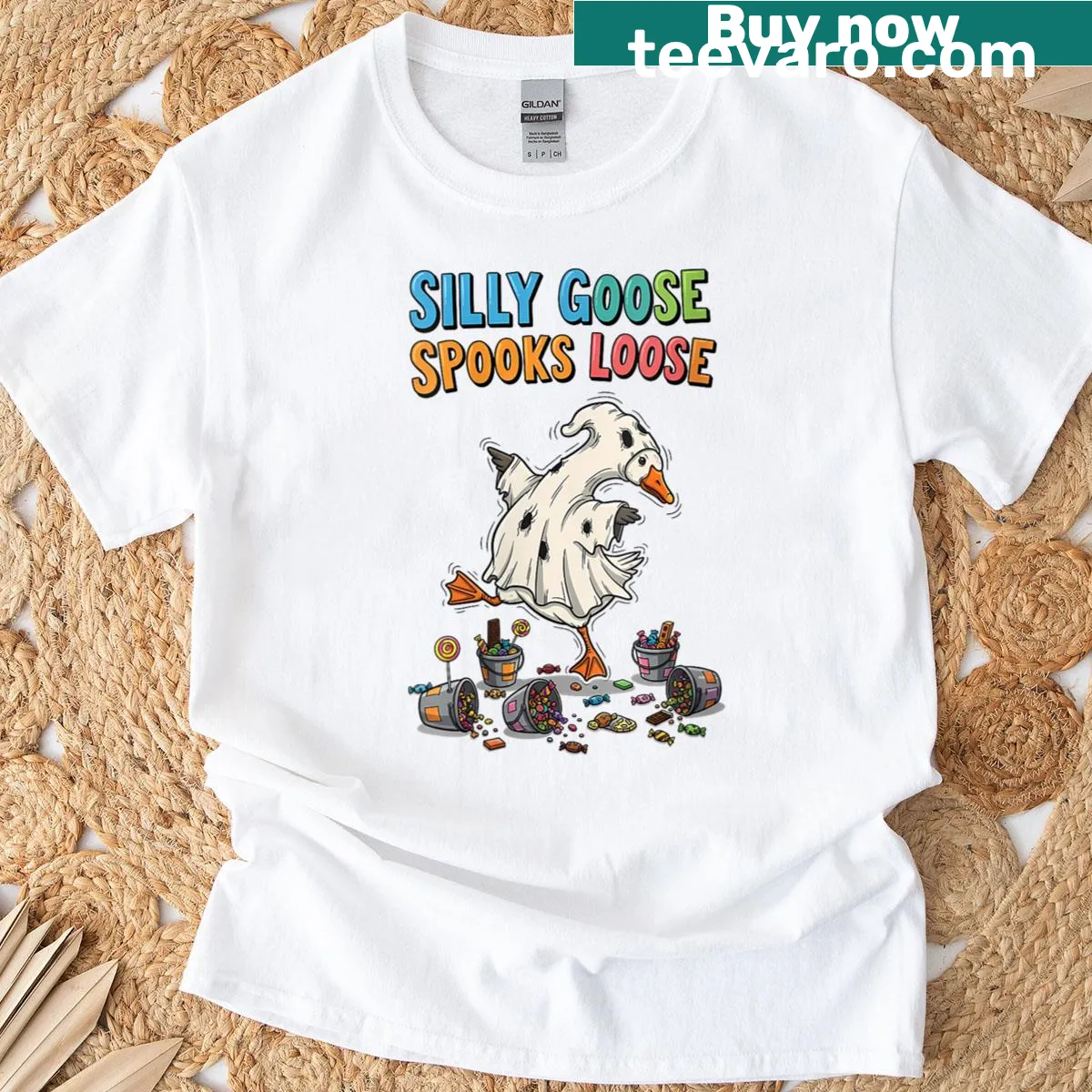 Funny T-shirt with a cartoon spooky goose design — on a men's t-shirt