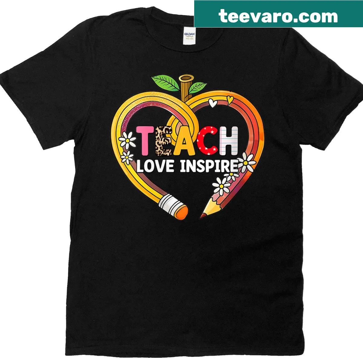 Back-to-school teacher t-shirt with pencil and heart graphics. — on a men's t-shirt