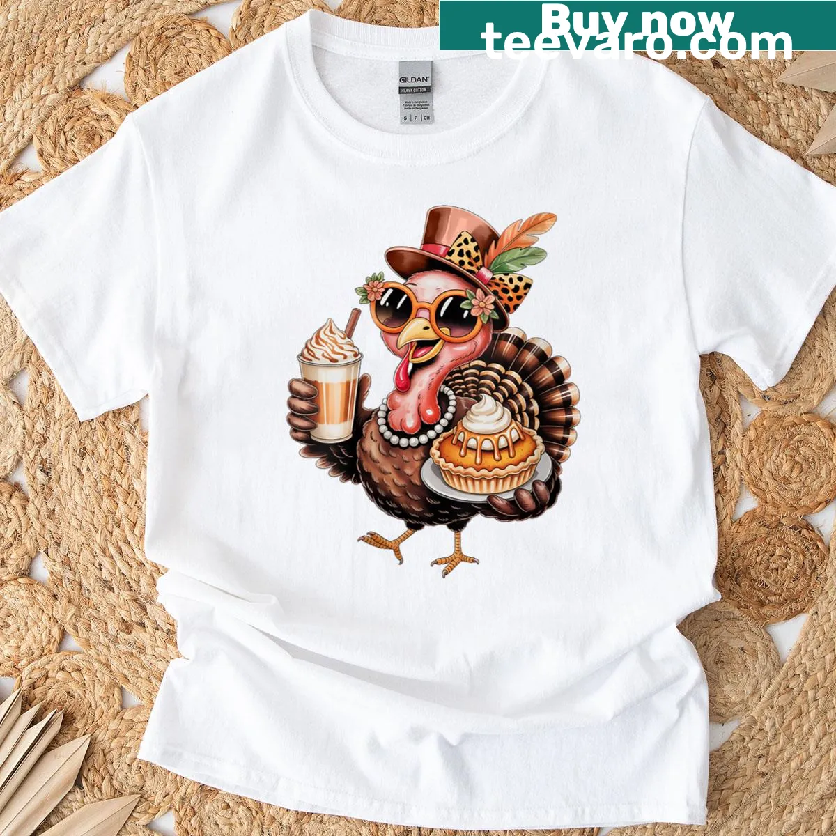 Thanksgiving T-shirt with a turkey drinking coffee and a festive bow — on a men's t-shirt