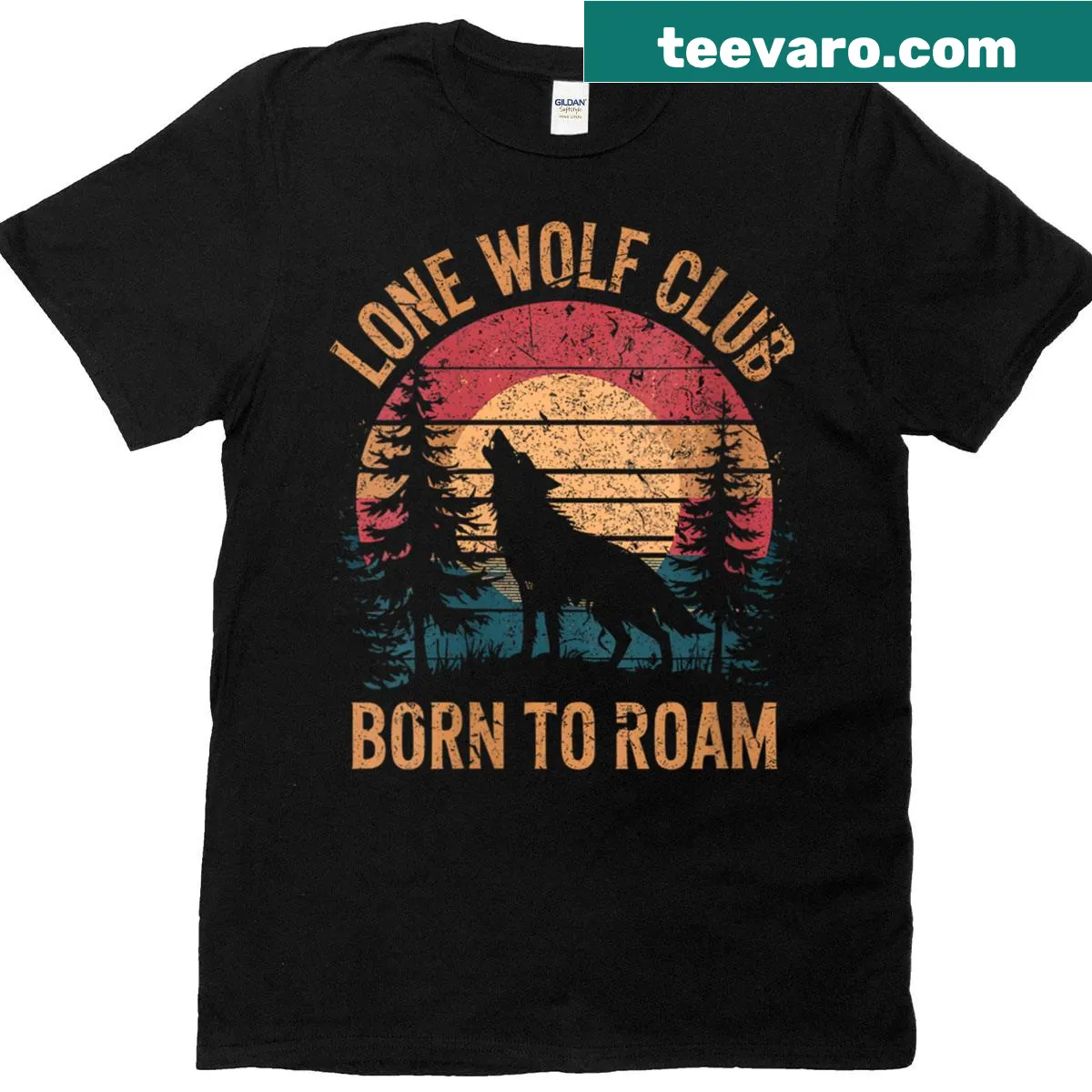 Vintage T-shirt with 'Born To Roam' Wolf Club design — on a men's t-shirt