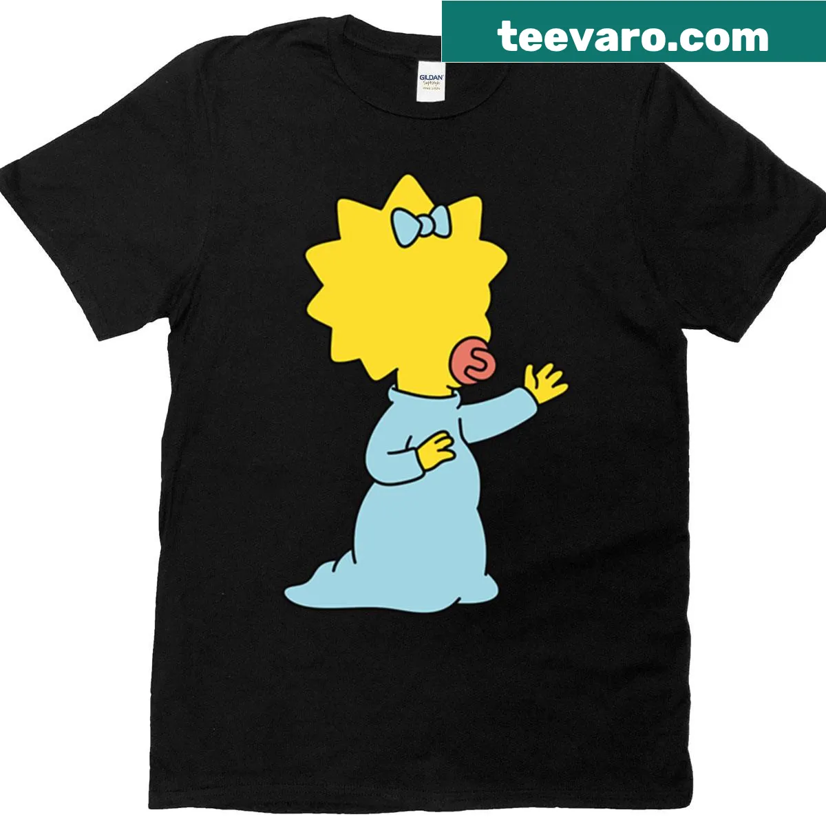 Illustrated t-shirt featuring a baby in a blue dress — on a men's t-shirt