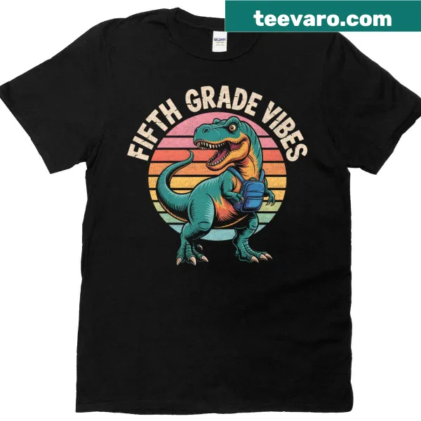 Funny dinosaur t-shirt for kids with '5th Grade Vibes' graphic