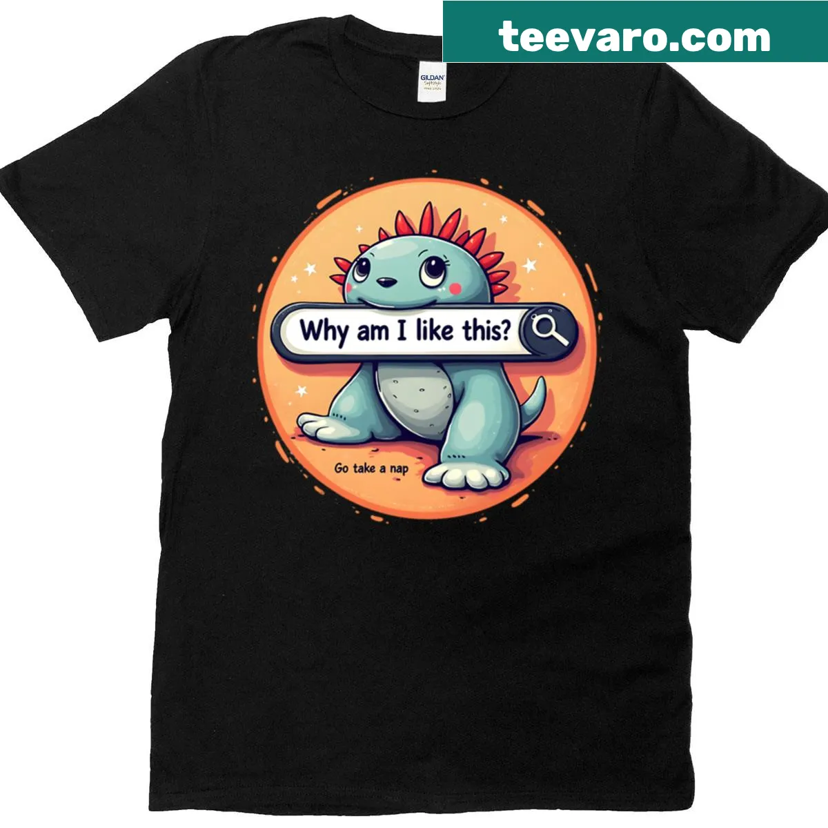 Whimsical T-shirt featuring a dinosaur and humorous text — on a men's t-shirt