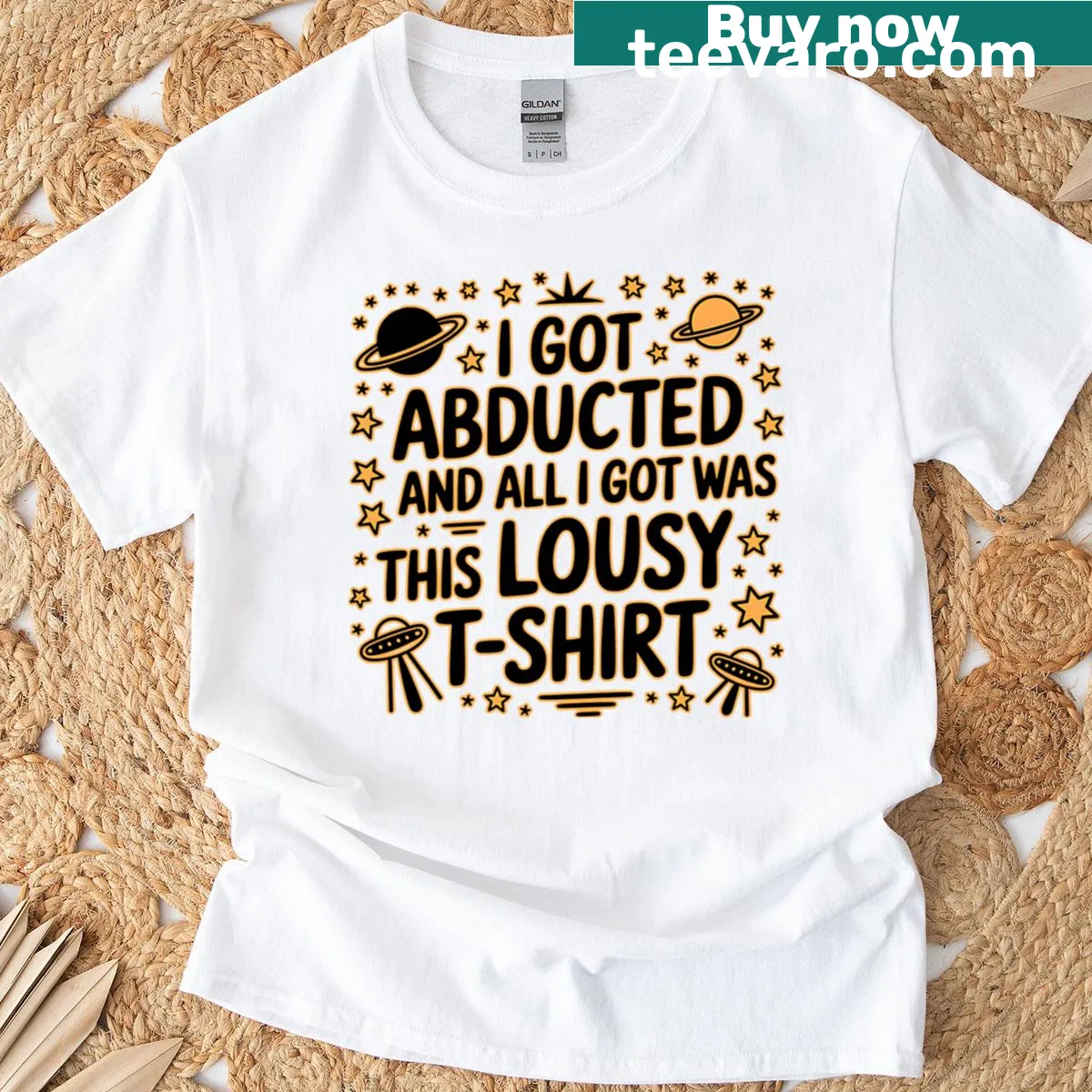 Vintage-style T-shirt with humorous alien abduction souvenir graphic — on a men's t-shirt