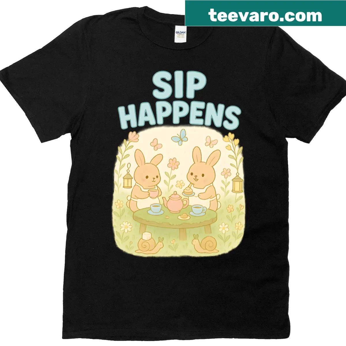 Oversized t-shirt featuring a tea party scene with rabbits and snails — on a men's t-shirt