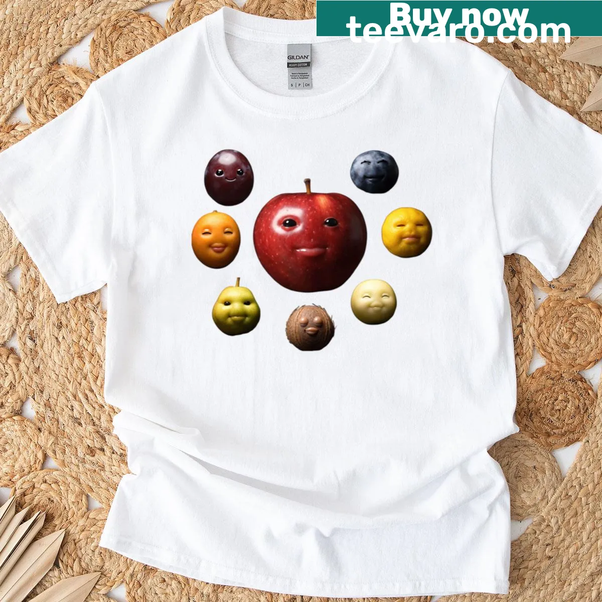 Collage T-shirt featuring a variety of fruit graphics — on a men's t-shirt
