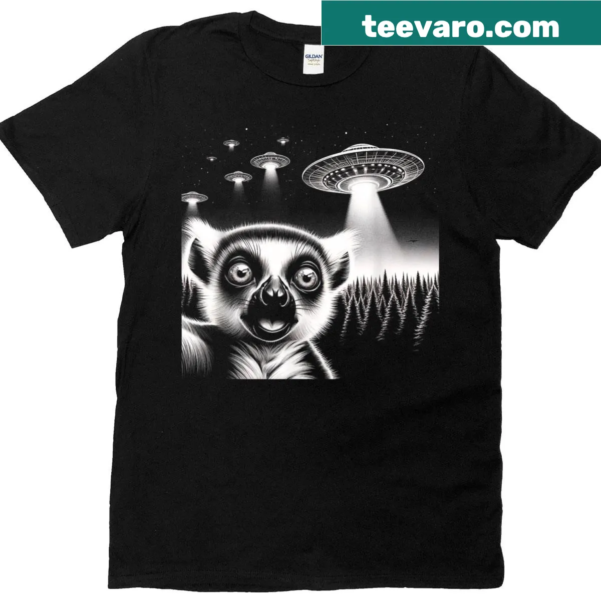 Cartoon lemur taking a selfie with a UFO in the background. — on a men's t-shirt