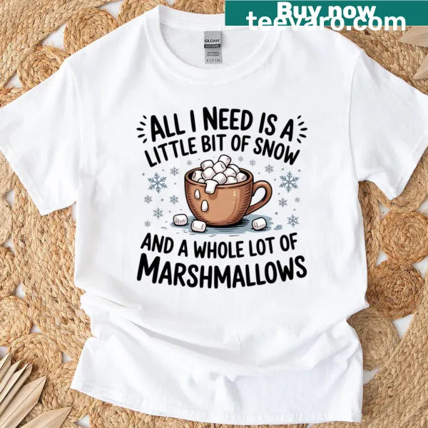 Cozy winter-themed T-shirt with snow and marshmallow illustrations