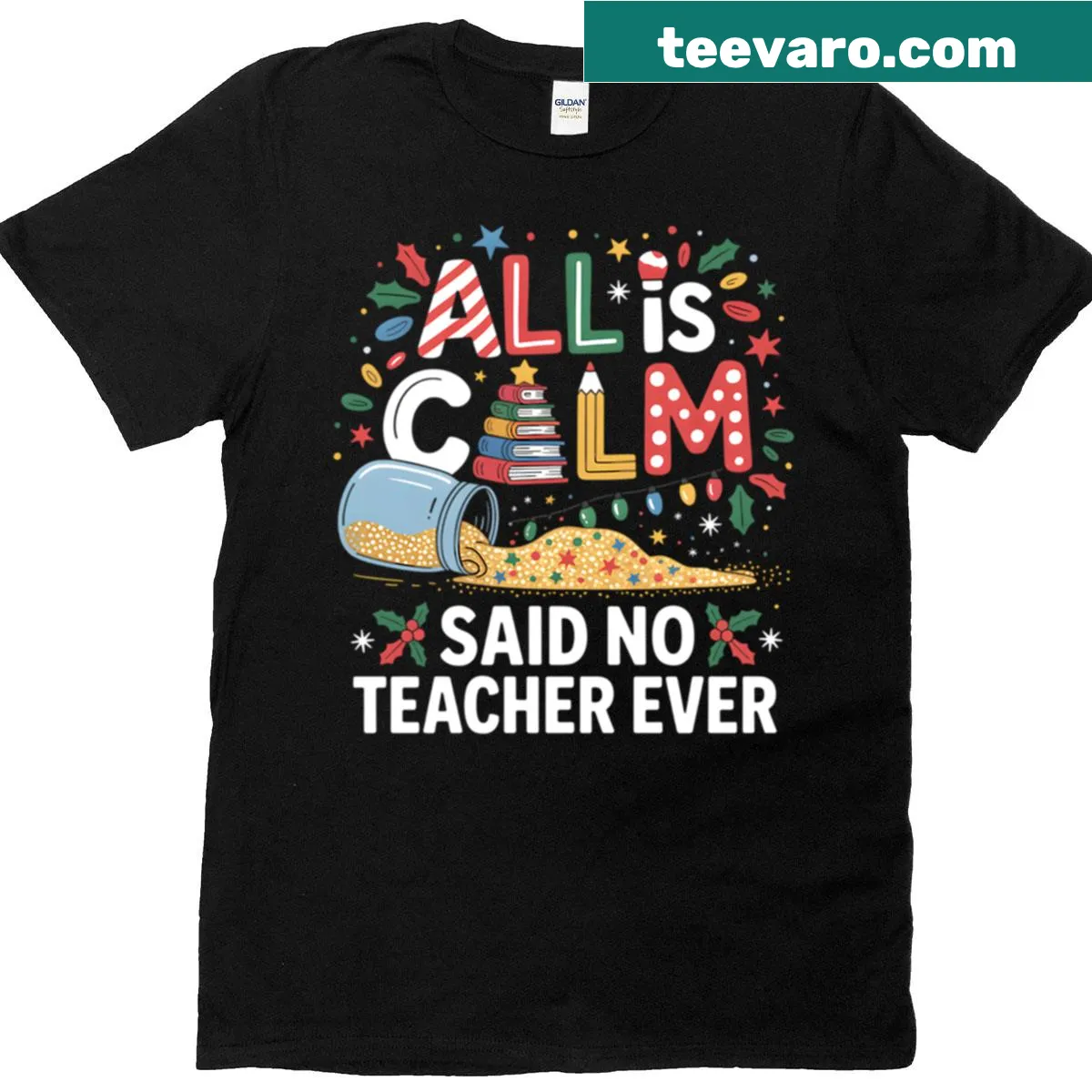 Humorous Christmas T-shirt for teachers with glitter jar design — on a men's t-shirt