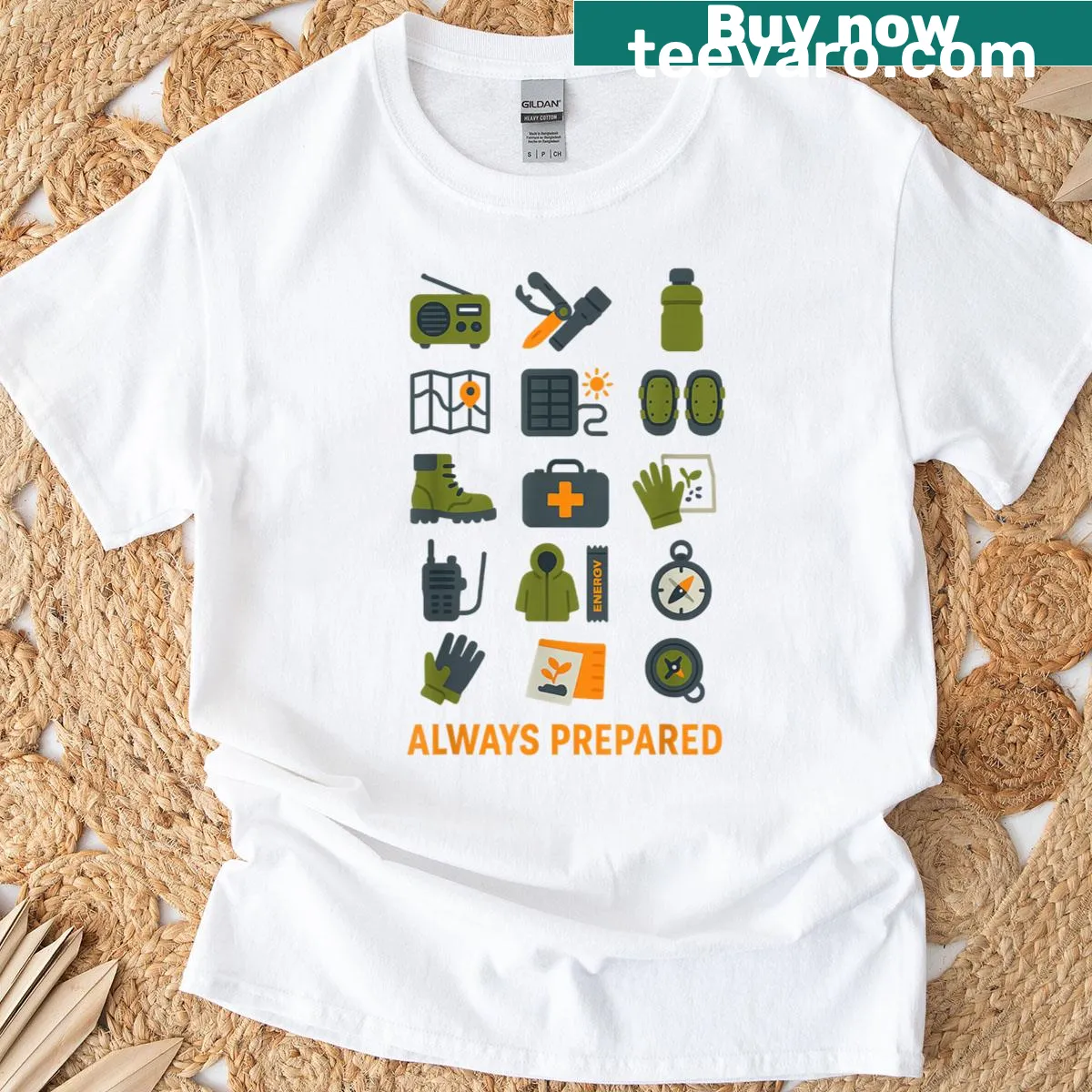 Survival tools graphic T-shirt illustrating gear readiness — on a men's t-shirt