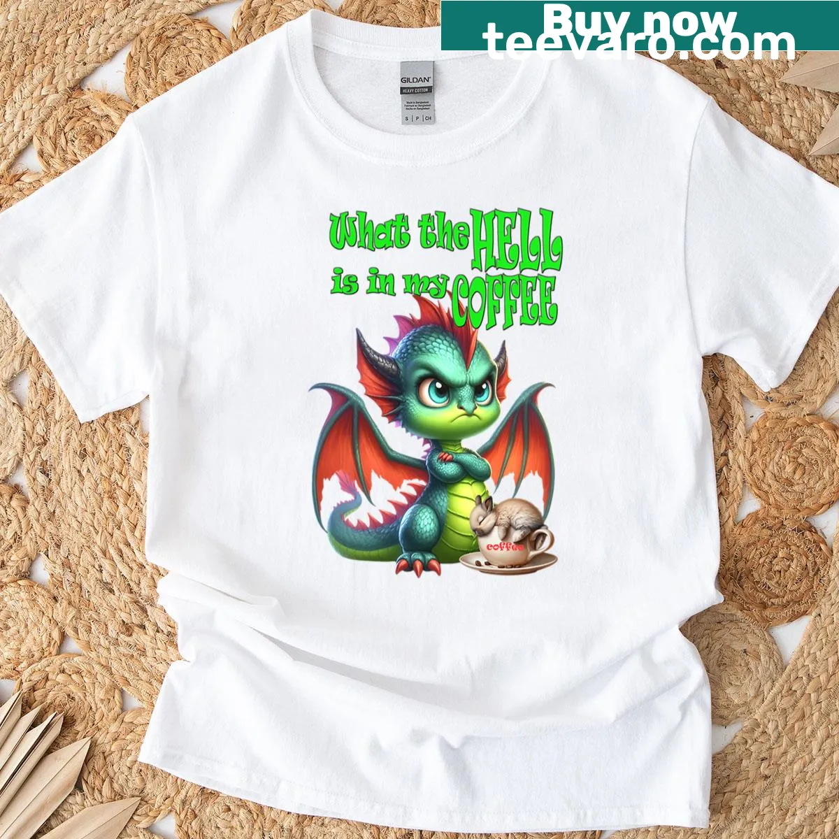 Oversized t-shirt with angry dragon graphic questioning coffee — on a men's t-shirt