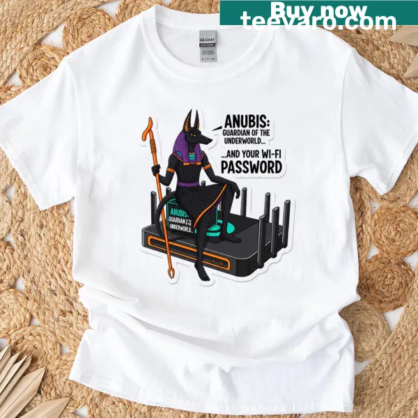 T-shirt featuring Anubis cartoon humorously guarding Wi-Fi password