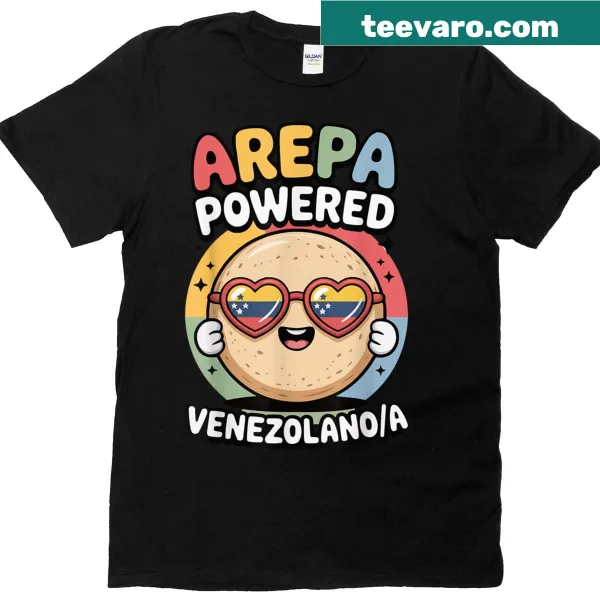 T-shirt with 'Arepa Powered' text celebrating Venezuelan cuisine
