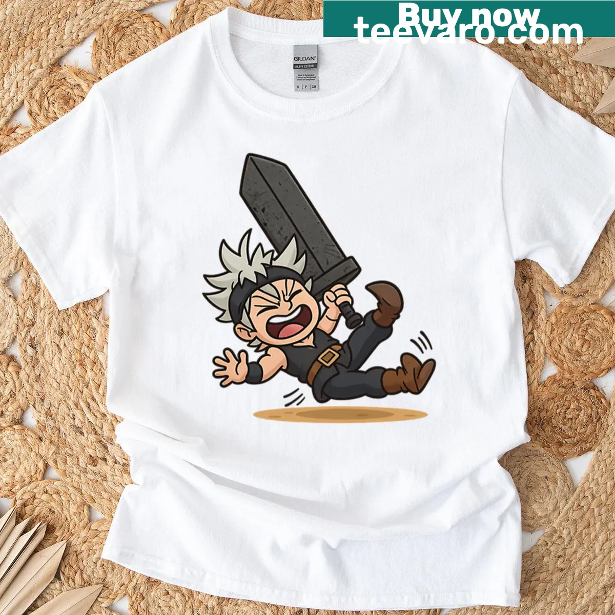 Chibi-style Asta from Black Clover with giant sword on t-shirt — on a men's t-shirt