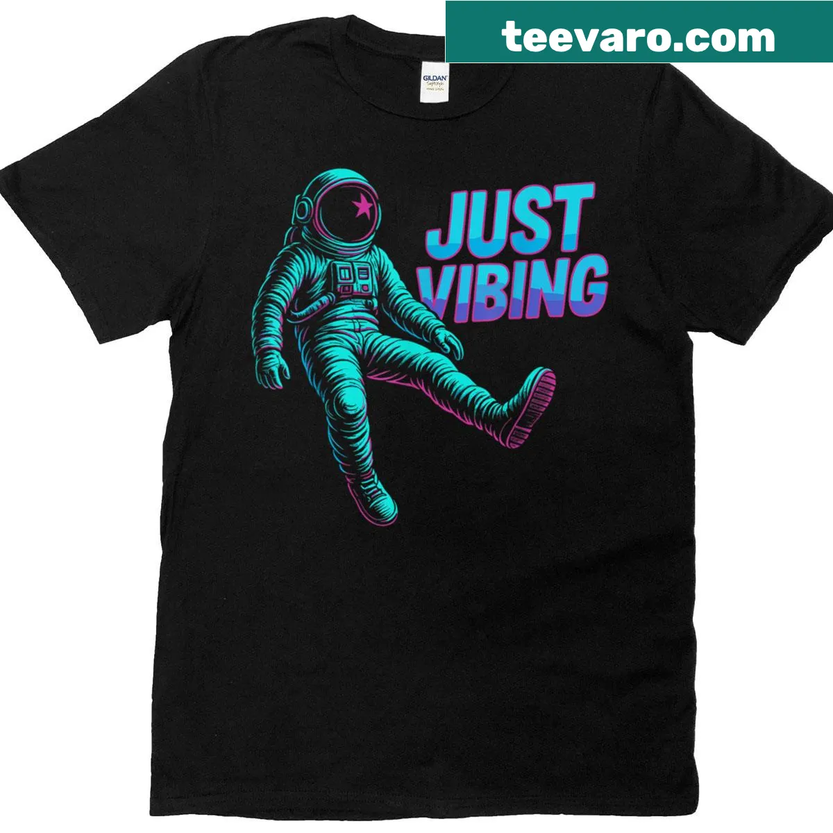 Astronaut vibing in a purple and teal galaxy illustration — on a men's t-shirt
