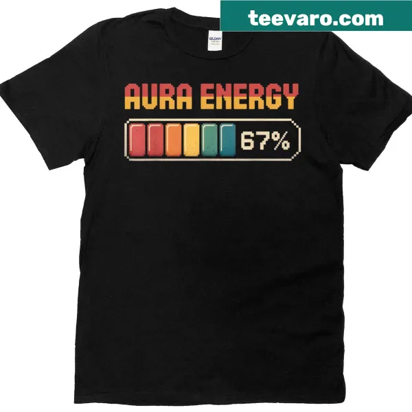 Retro pixel gaming T-shirt with 'Aura Energy 67 Percent' text
