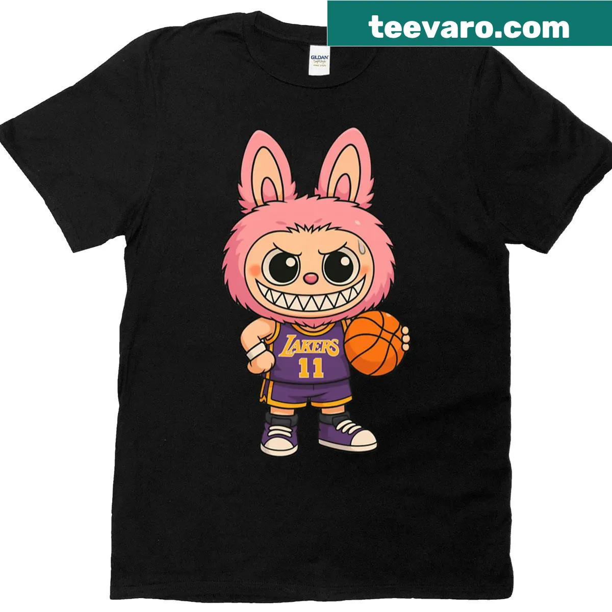 Cute cartoon monster playing basketball on a kids' t-shirt — on a men's t-shirt