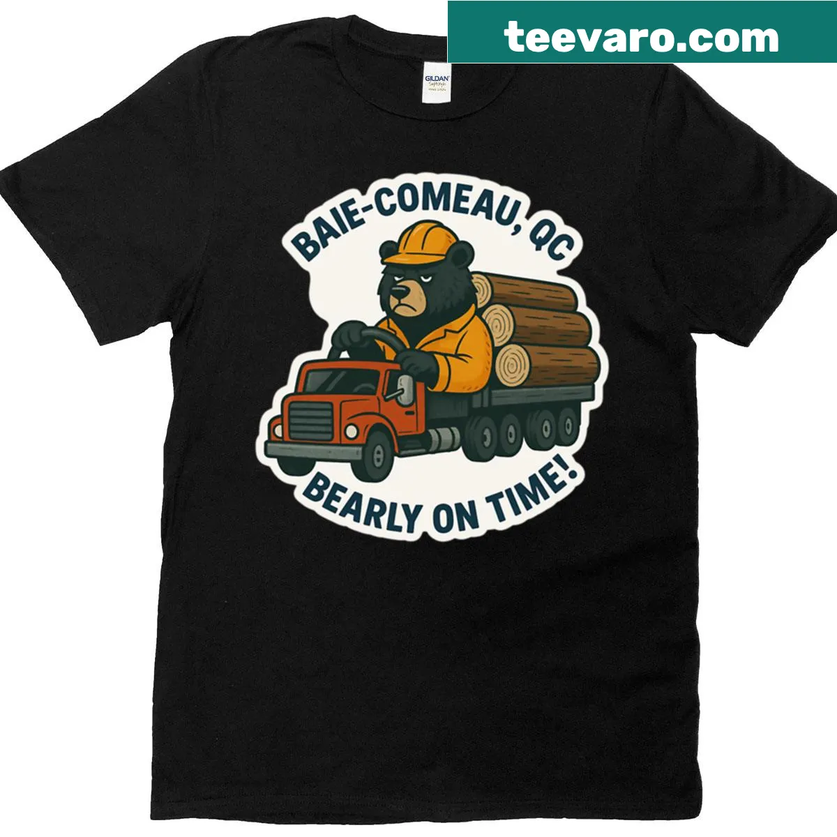 Cartoon bear holding a logging sticker on a T-shirt design. — on a men's t-shirt