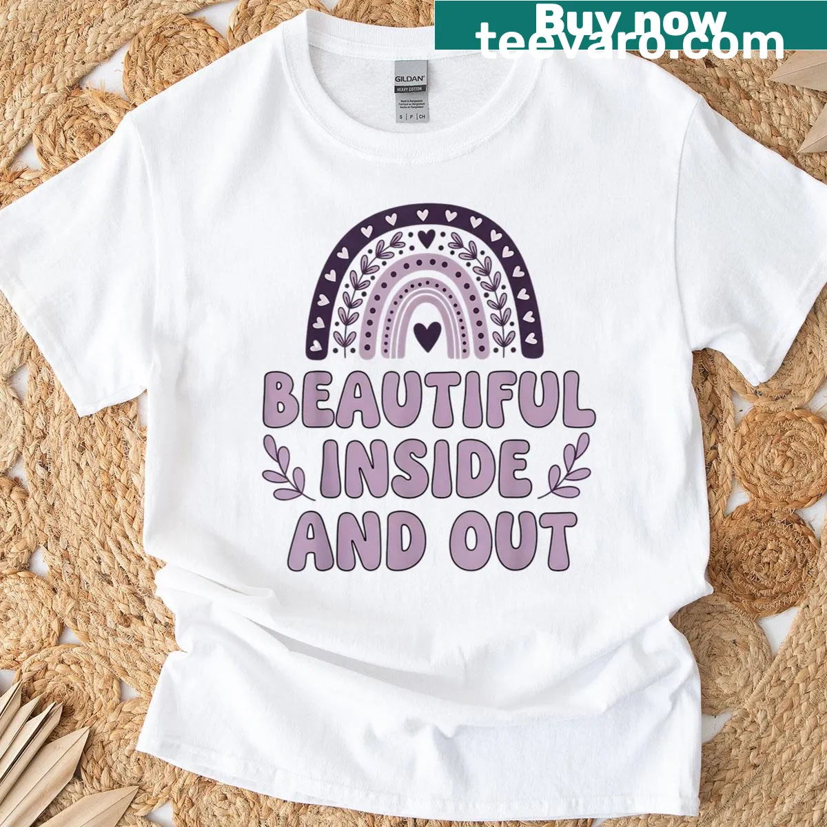 T-shirt with 'Beautiful Inside And Out' text and rainbow lavender design — on a men's t-shirt