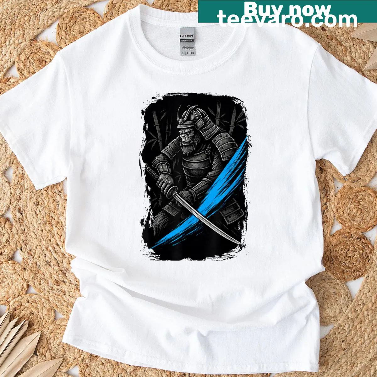 Bigfoot samurai warrior shirt with katana design — on a men's t-shirt
