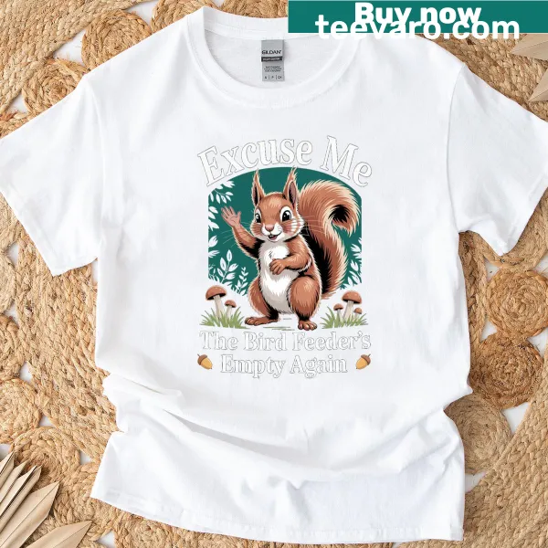 Cute T-shirt featuring graphic of a squirrel and an empty bird feeder