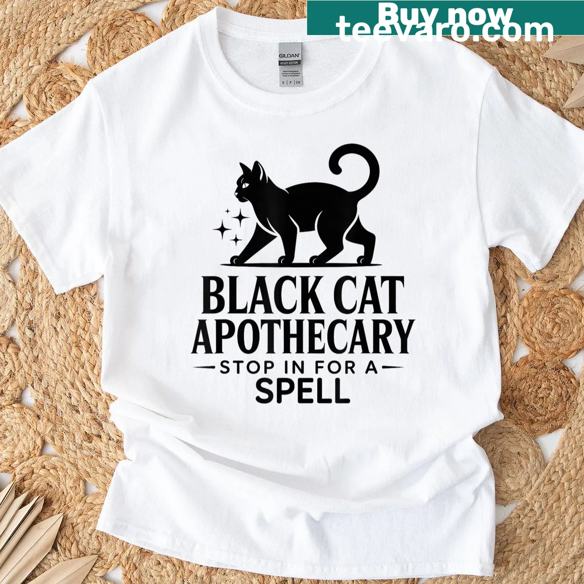 Cartoon black cat with apothecary elements and text — on a men's t-shirt
