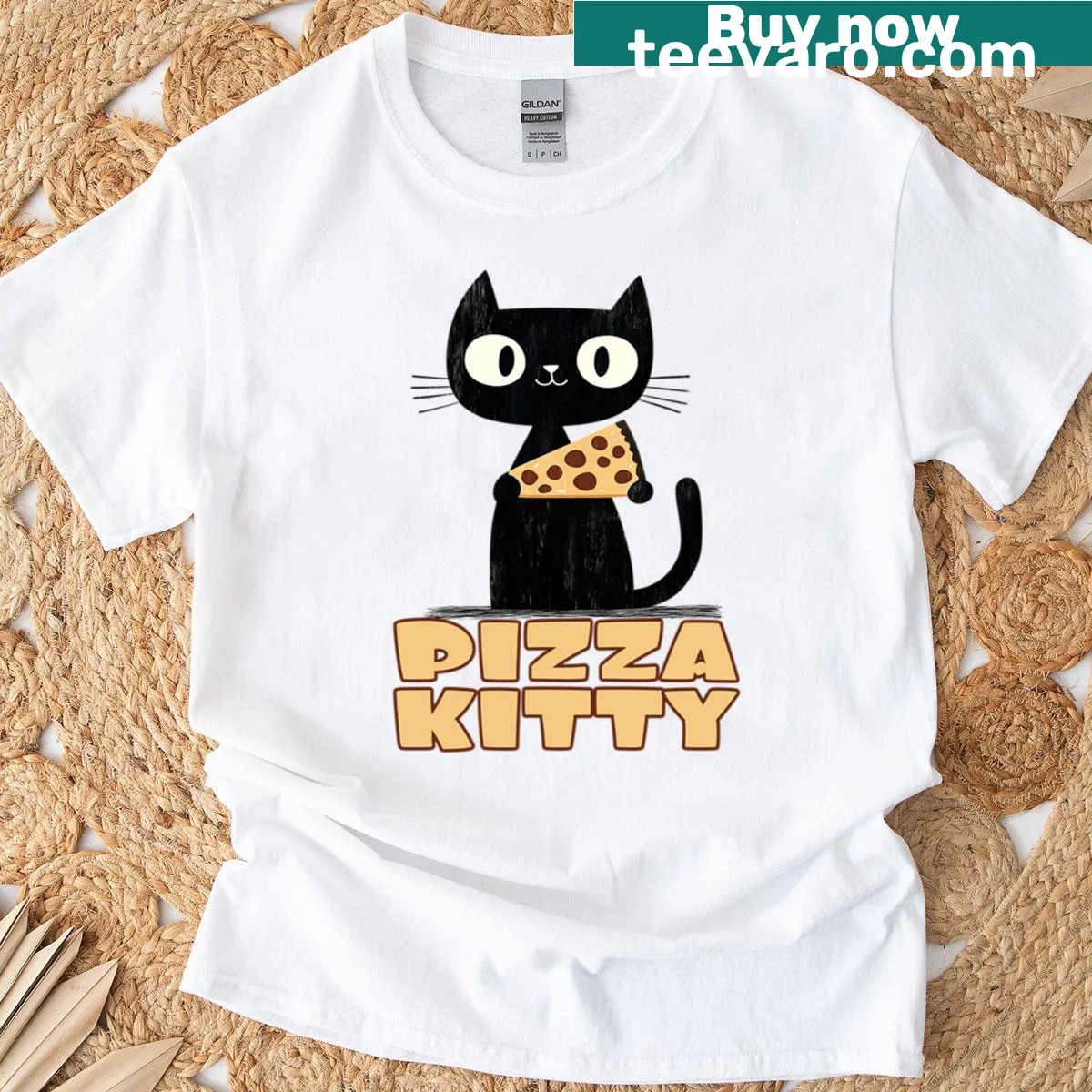 Cartoon black cat with pizza graphic on a t-shirt — on a men's t-shirt