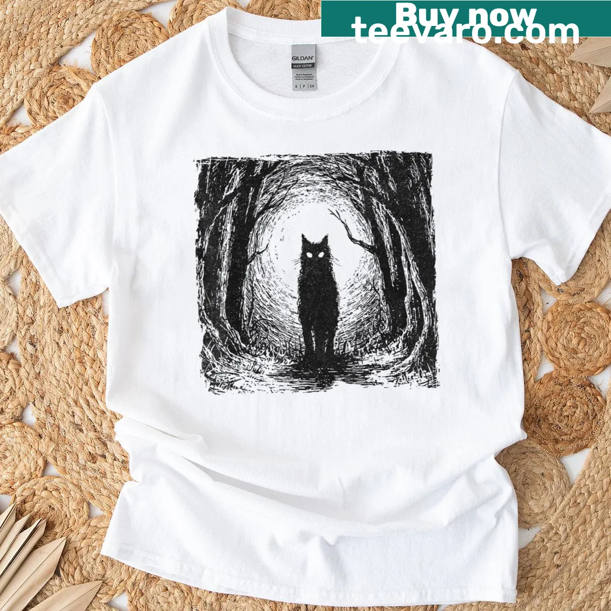 Cartoon black cat graphic for Halloween on a t-shirt — on a men's t-shirt
