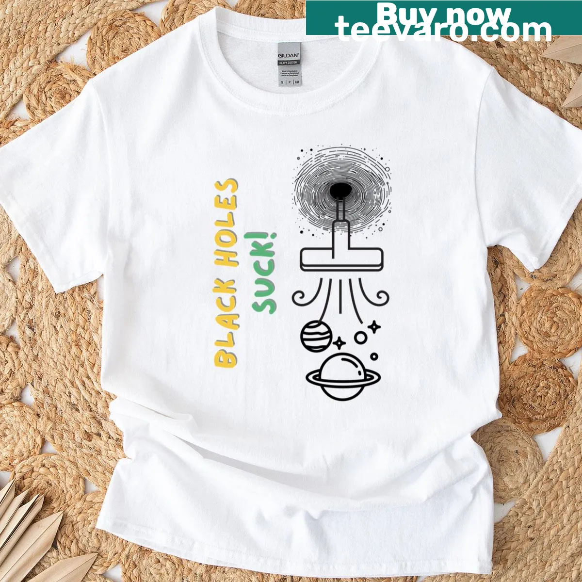 Bold graphic of 'Black Holes Suck' on a cosmic-themed oversized t-shirt — on a men's t-shirt