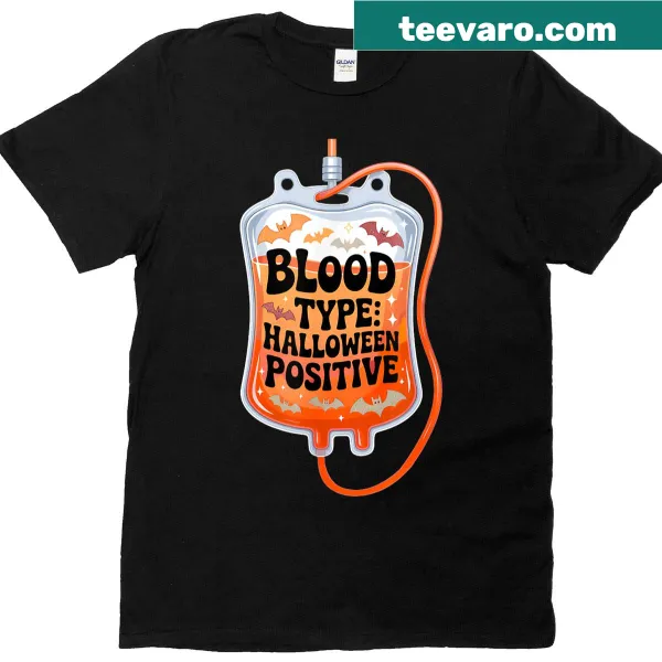 Funny Halloween t-shirt with 'Blood Type: Halloween Positive' text