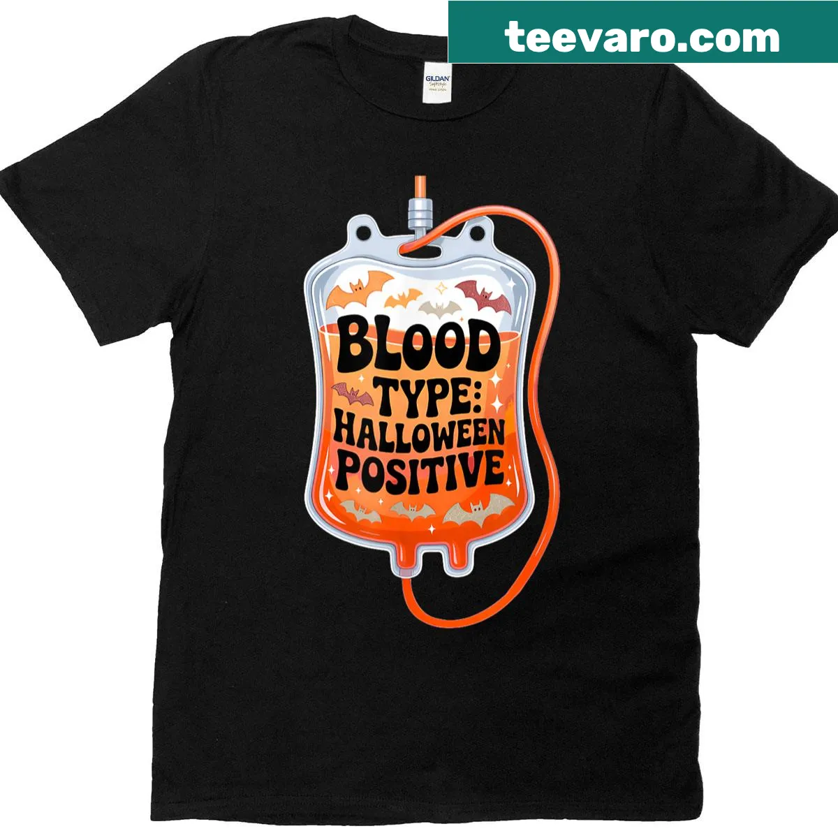 Funny Halloween t-shirt with 'Blood Type: Halloween Positive' text — on a men's t-shirt