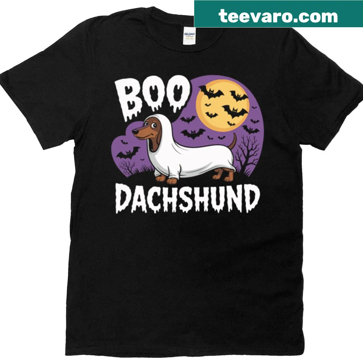 Cute Dachshund ghost graphic on a Halloween-themed t-shirt — on a men's t-shirt