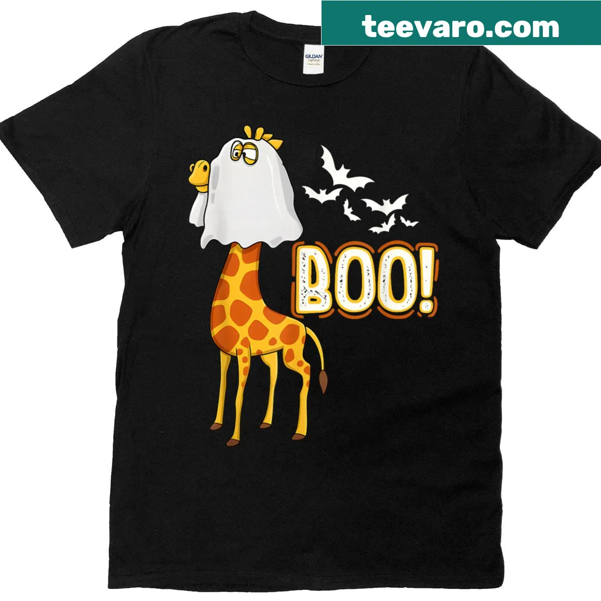 Cartoon giraffe in a ghost costume on a Halloween T-shirt — on a men's t-shirt