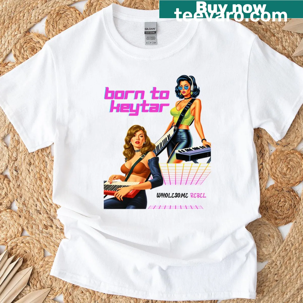 80s art shirt featuring a keytar graphic — on a men's t-shirt