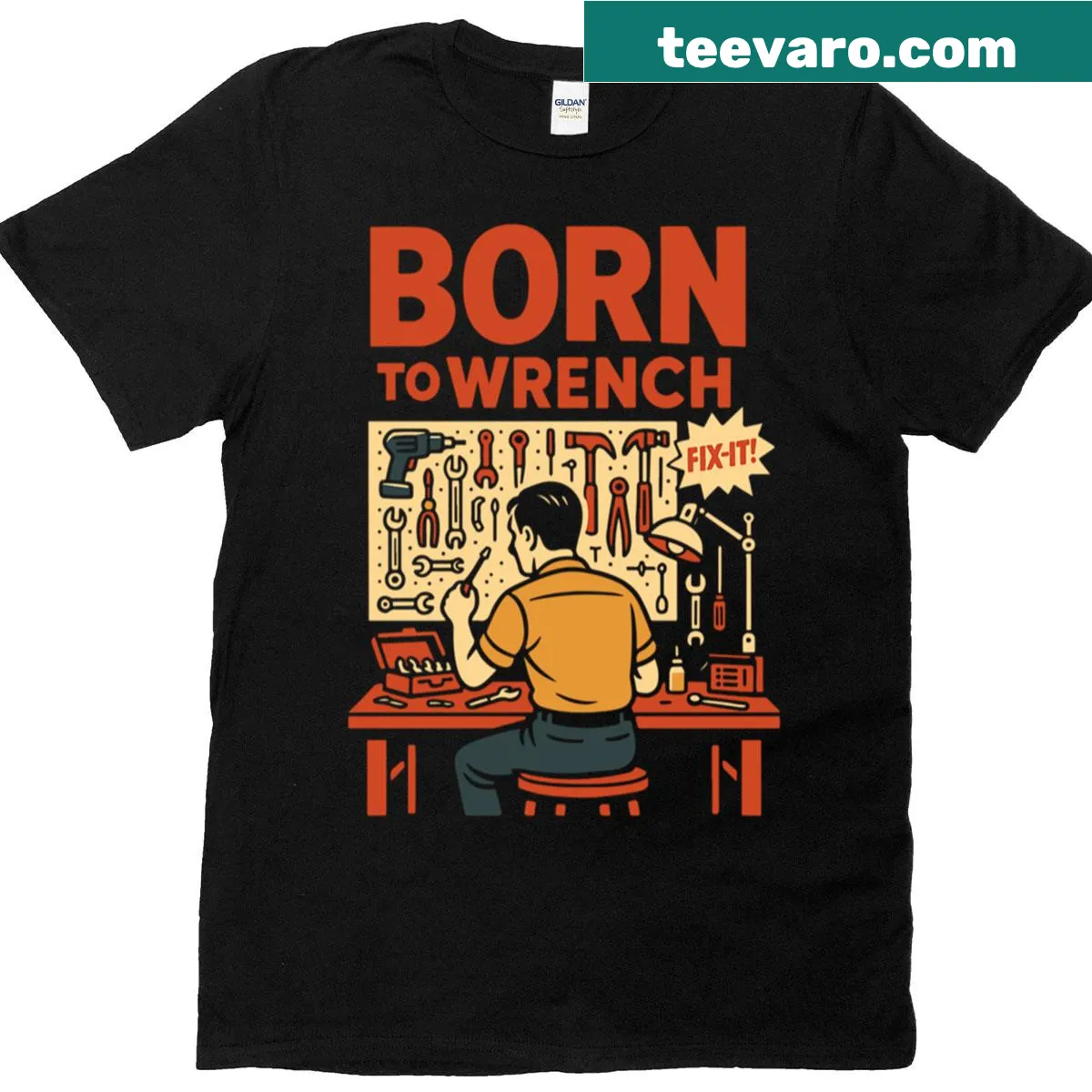 Funny mechanic shirt with the slogan 'Born To Wrench.' — on a men's t-shirt