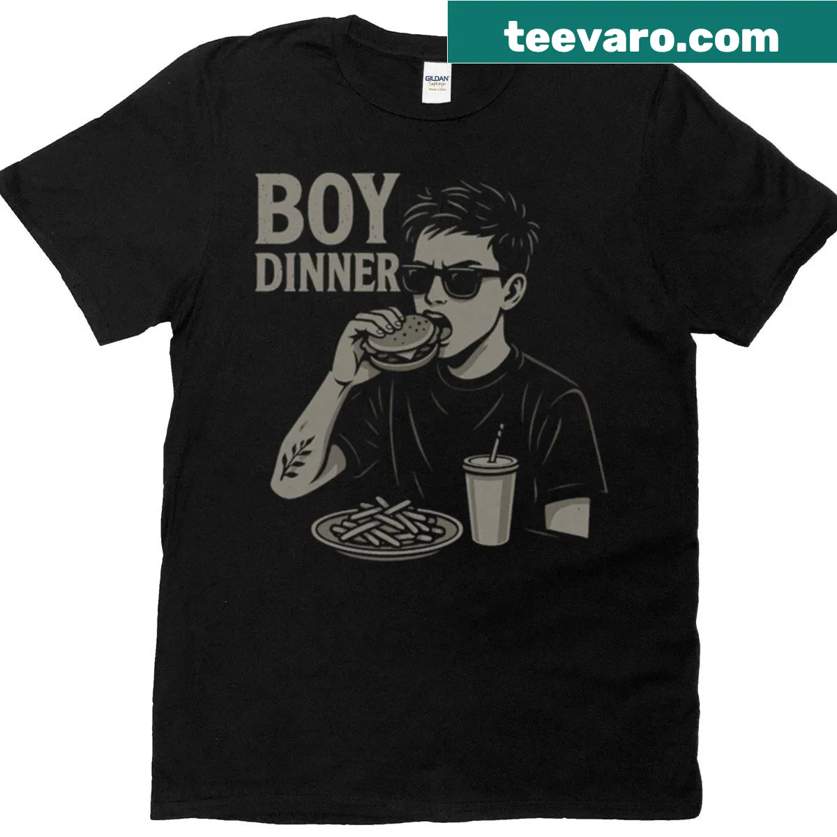 Retro-style T-shirt featuring 'Boy Dinner' meme graphic — on a men's t-shirt
