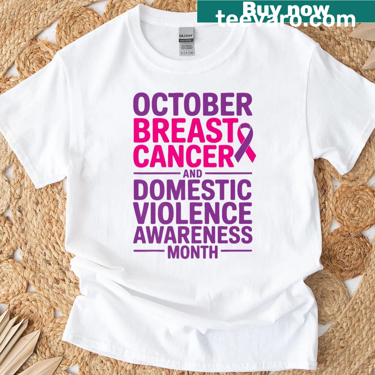 Awareness month shirt for breast cancer and domestic violence — on a men's t-shirt