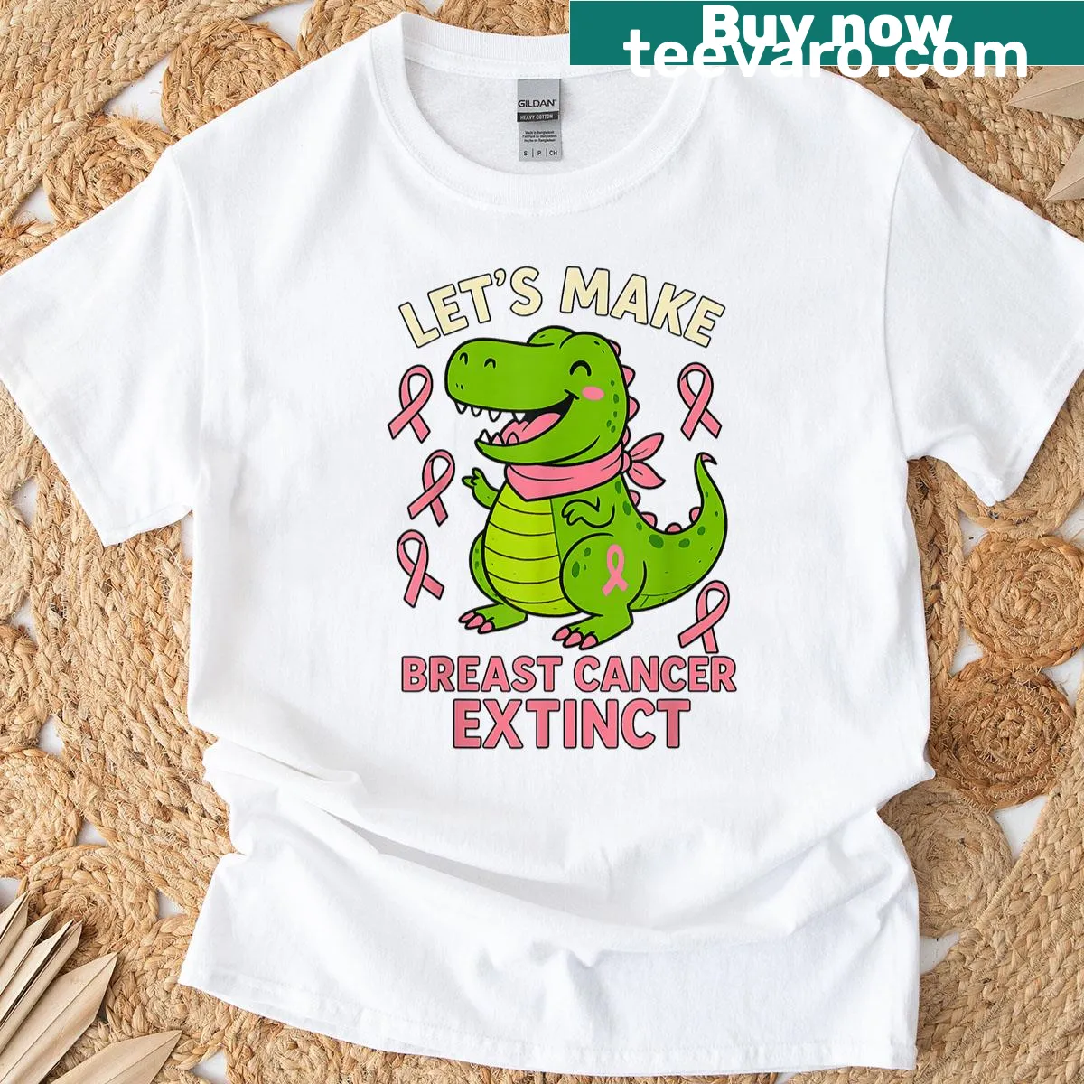 Dinosaur with pink ribbon for breast cancer awareness on a T-shirt — on a men's t-shirt