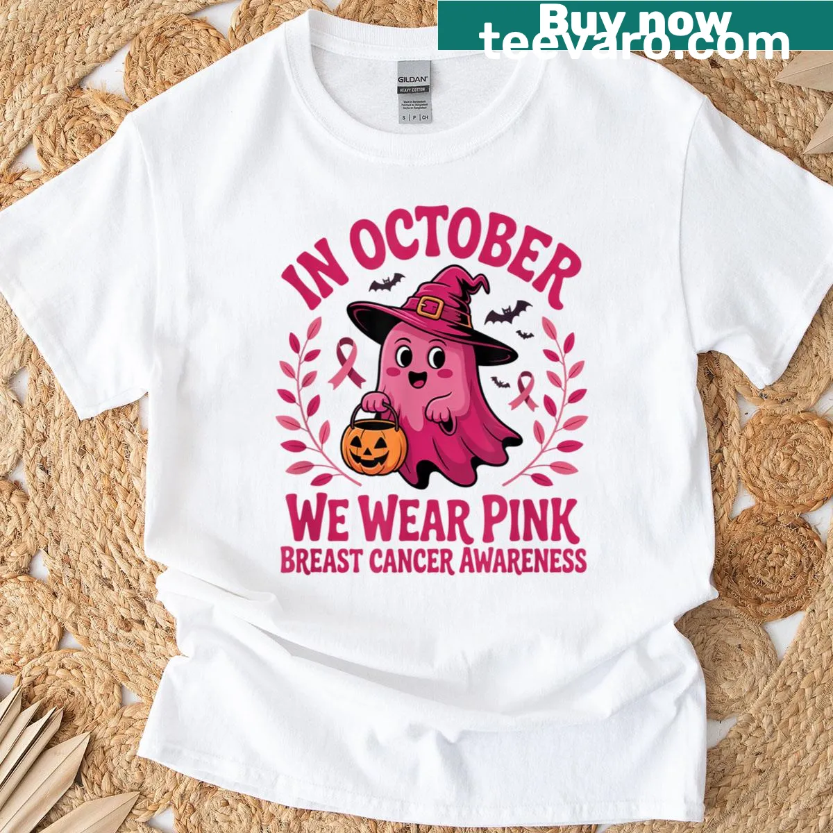 Halloween-themed ghost graphic supporting Breast Cancer Awareness — on a men's t-shirt