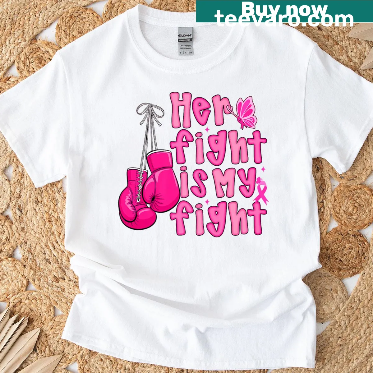 T-shirt with boxing gloves and the phrase Her Fight My Fight for breast cancer awareness — on a men's t-shirt