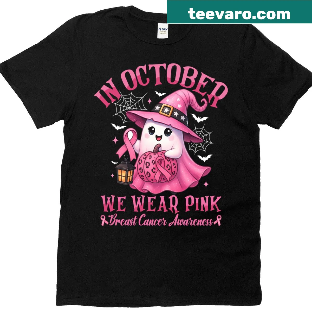 Funny Halloween T-shirt with the phrase 'In October We Wear Pink' — on a men's t-shirt