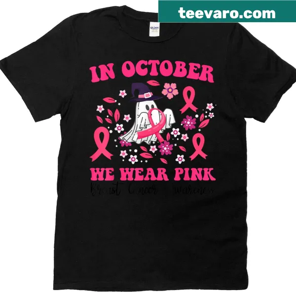 Pink ribbon design T-shirt for breast cancer awareness during Halloween